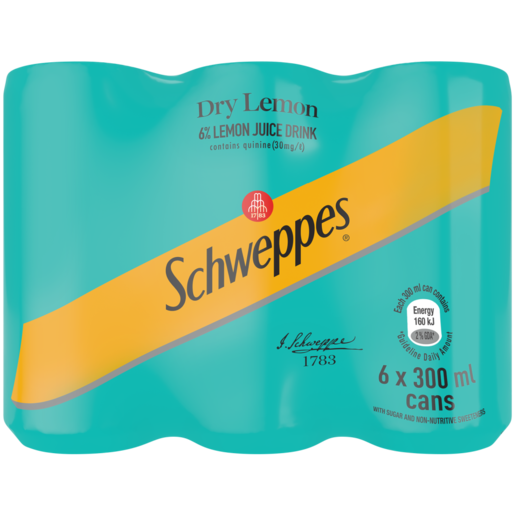 Schweppes Dry Lemon Soft Drink Cans 6 x 300ml