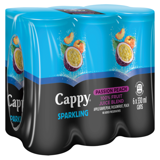 Cappy Sparkling 100% Passion Peach Juice Blend Cans 6 x 330ml