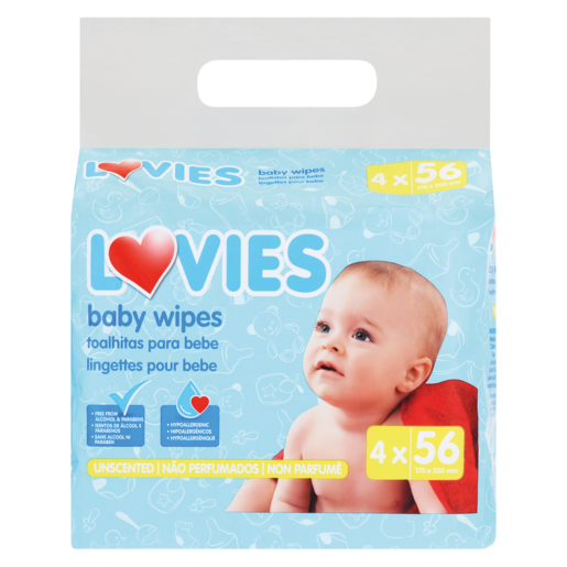 Lovies Unscented Baby Wipes 4 x 56 Pack