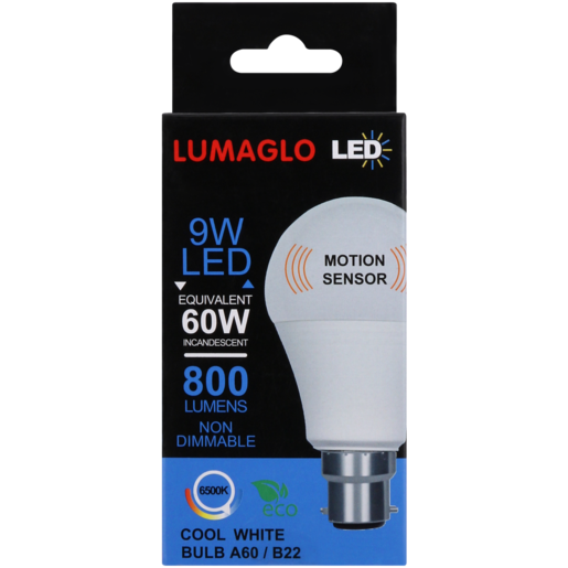 Lumaglo Cool White Motion Sensor A60/B22 LED Globe 9W