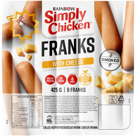 Simply Chicken Cheese Frankfurters 425g