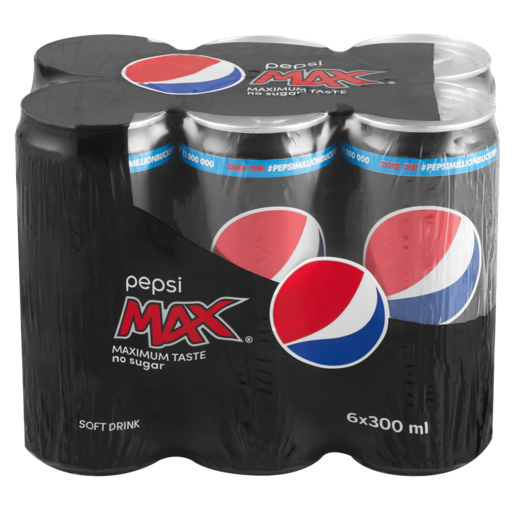Pepsi Max No Sugar Soft Drink Cans 6 x 300ml