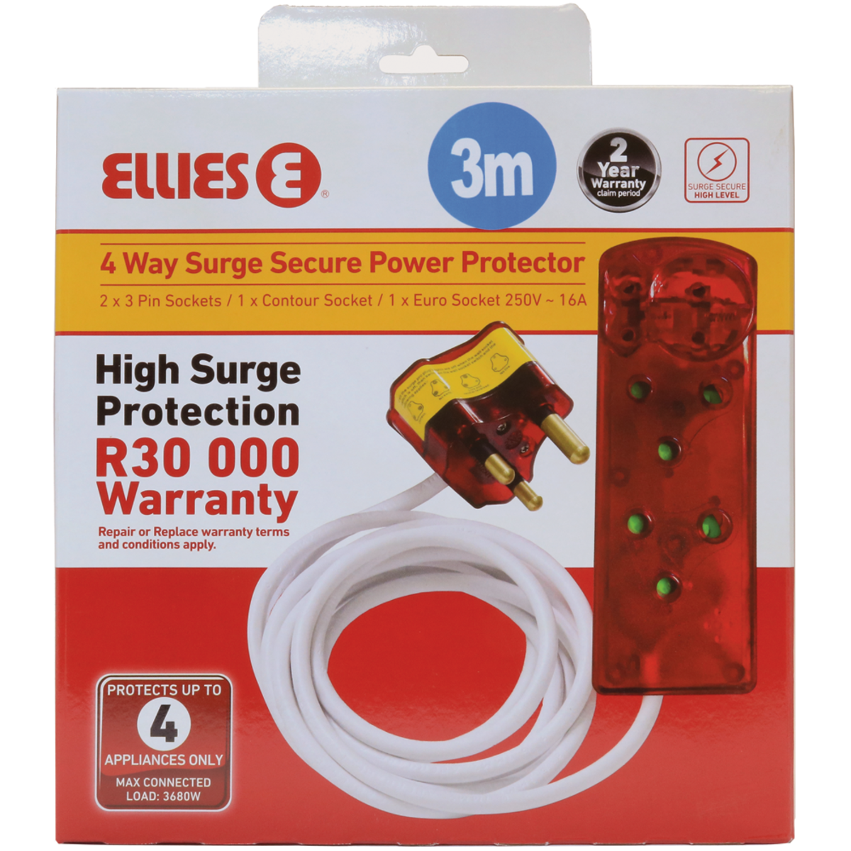 Ellies 3m Surge Protected Extension Cord with Side By Side Coupler  FEE2X/3WS