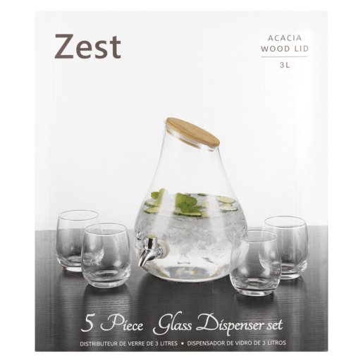 Zest Glass Drink Dispenser With Acacia Wood Lid Set 5 Piece