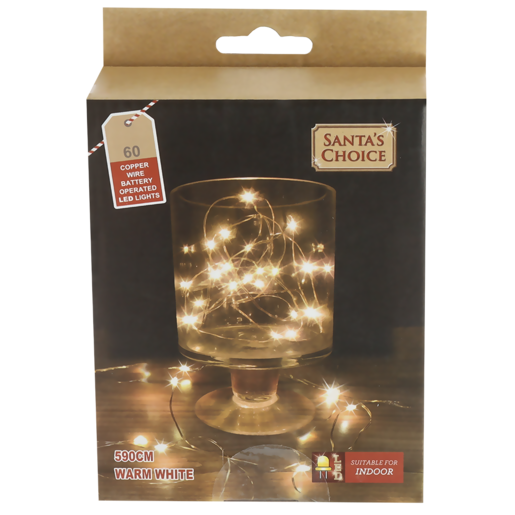 Santa's Choice Copper Wire Battery-Operated LED Lights 60 Bulbs