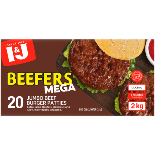 I&J Frozen Beefers Mega Classic Beef Patties 2kg