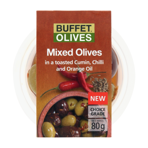 Buffet Mixed Olives In Toasted Cumin, Chilli & Orange Oil 80g