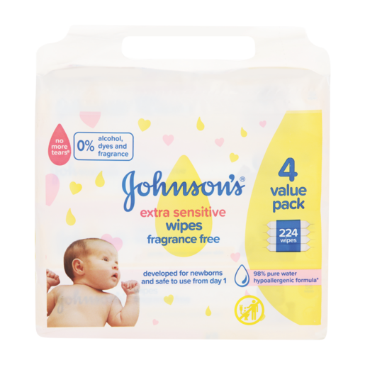 Johnson's Extra Sensitive Fragrance Free Baby Wipes 224 Pack
