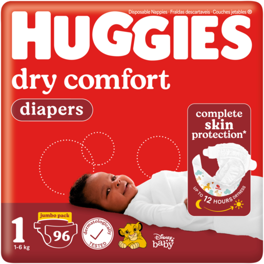 Huggies Dry Comfort Size 1 Disposable Nappies 1-6kg 96 Pack
