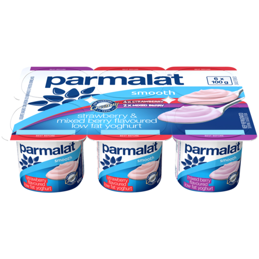 Parmalat Smooth Strawberry & Mixed Berry Flavoured Medium Fat Yoghurt Tubs 6 x 100g