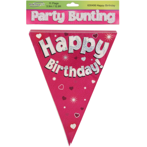 Oaktree UK Pink & Silver Sparkling Fizz Happy Birthday Bunting 3.9m