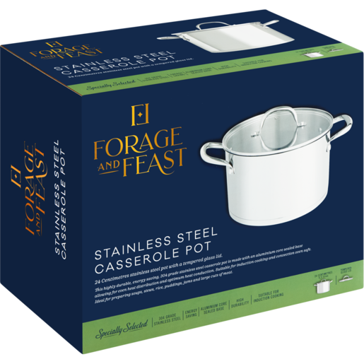 Forage And Feast Silver Stainless Steel Casserole Pot 24cm