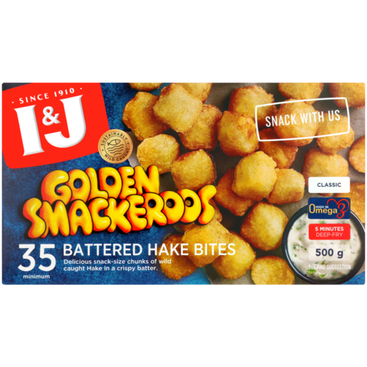 I&J Frozen Golden Smackeroos Classic Battered Hake Bites 35 Pack 500g