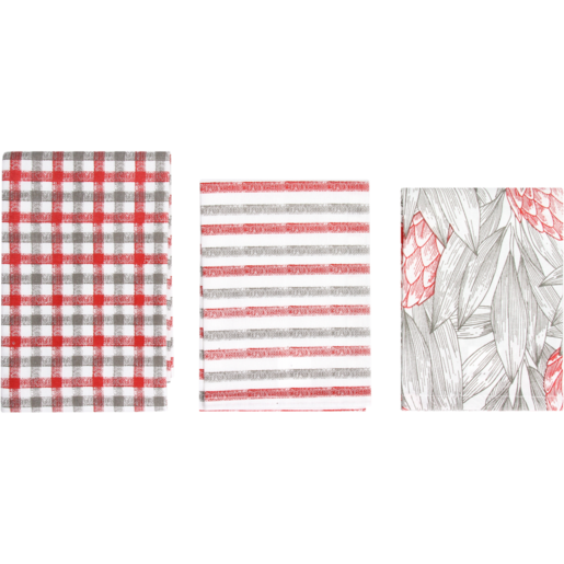 Essentials Red & Grey Kitchen Towel Set 3 Pack (Colour May Vary)