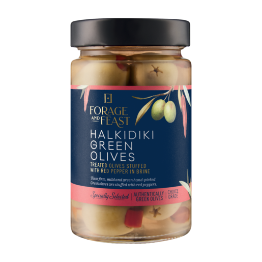 Forage And Feast Red Pepper Stuffed Halkidiki Green Olives 300g