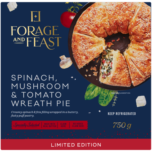 Forage And Feast Limited Edition Spinach, Mushroom & Tomato Wreath Pie 750g