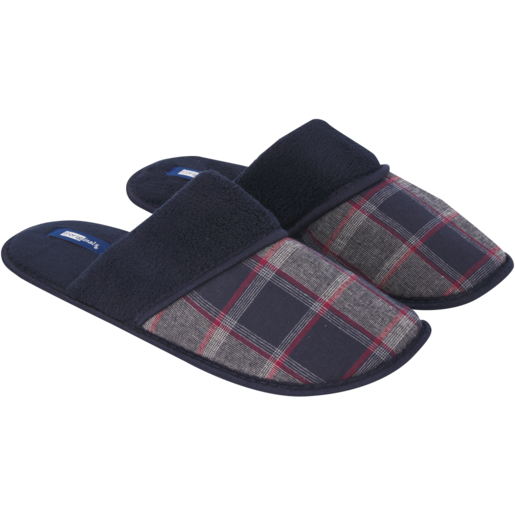 Men's Navy Check Bound Edge Collar Mule Slippers Size 6-11