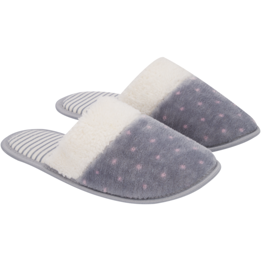 Ladies Grey Polka Dot Mule Slippers Sie 3-8 (Assorted Item - Supplied At Random)