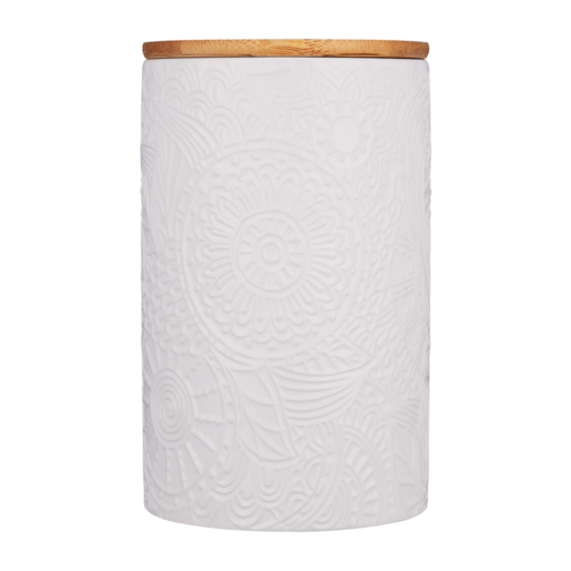 Embossed White Ceramic Canister with Bamboo Lid Large
