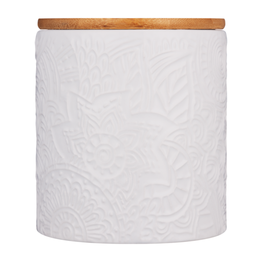 Embossed White Ceramic Canister with Bamboo Lid Medium