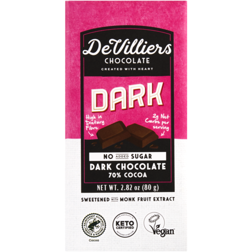 De Villiers No Added Sugar 70% Dark Chocolate Slab 80g
