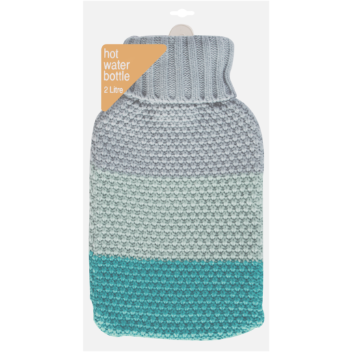 Hot Water Bottle With Blue 3 Tone Knitted Cover 2L