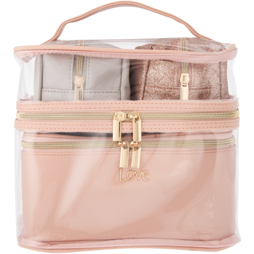 Pink Glitter Love Toiletry Bag Set 4 Piece
