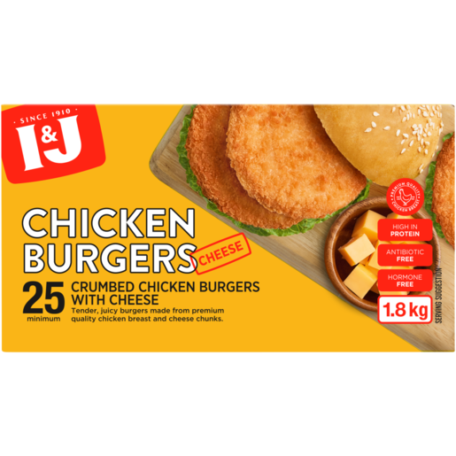 I&J Frozen Crumbed Chicken Burgers With Cheese Box 1.8kg