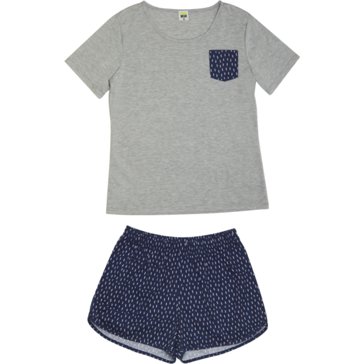 Grey & Navy Blue Ladies Tee & Shorts Sleep Set 2 Piece