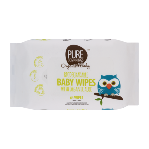 Pure Beginnings Organic Aloe Biodegradable Baby Wipes 64 Pack