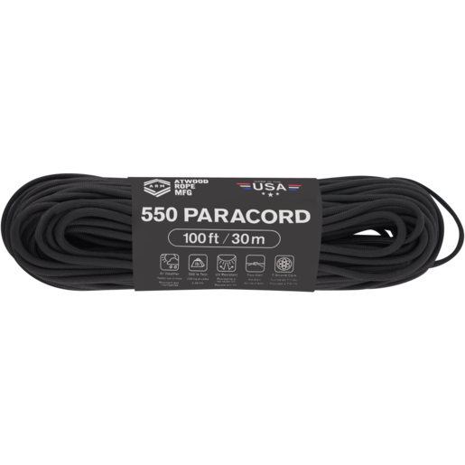 Atwood Rope Mfg Black 550 Paracord 100ft / 30m, Rope