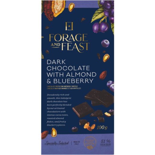 Forage And Feast Almond & Blueberry Dark Chocolate Slab 100g