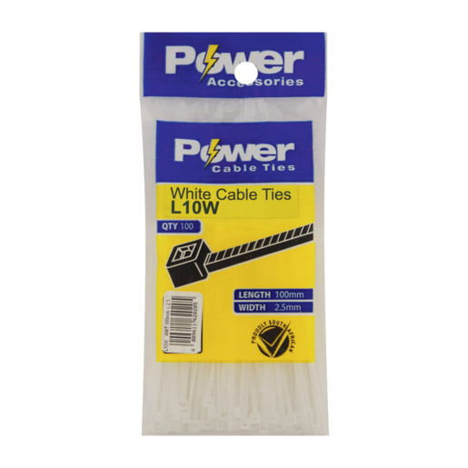Power White Cable Ties 100mm 100 Pack