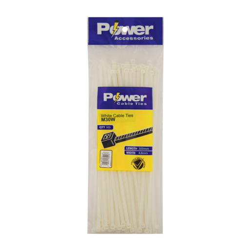 Power White Cable Ties 300mm 100 Pack