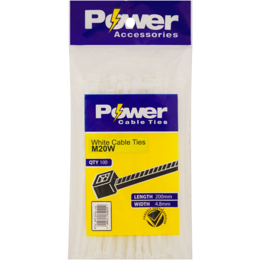 Power White Cable Ties 200mm 100 Pack