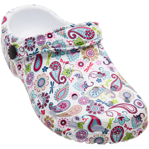 Ladies White Paisley Printed Clog Shoes Size 3-8