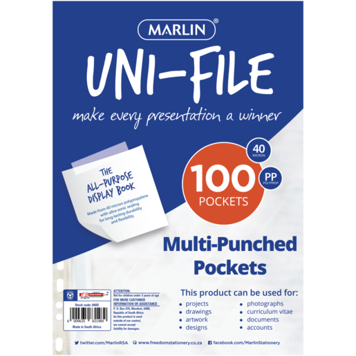Marlin Uni-File Multi-Punched Filling Pockets 100 Pack