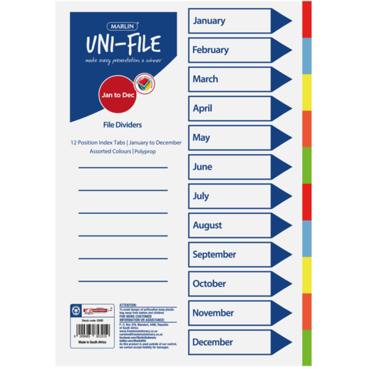 Marlin Uni-File A4 Jan-Dec Tab File Dividers 12 Pack
