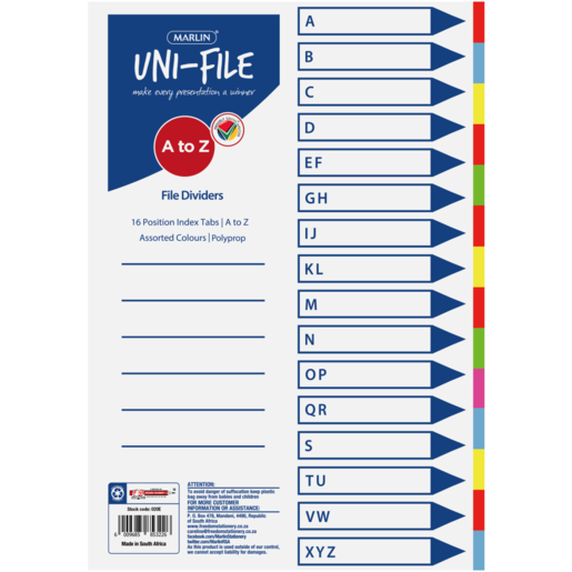 Marlin Uni-File A4 A-Z Tab File Dividers 16 Pack