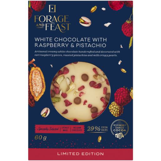 Forage And Feast Limited Edition Xmas White Chocolate With Raspberry & Pistachio 60g