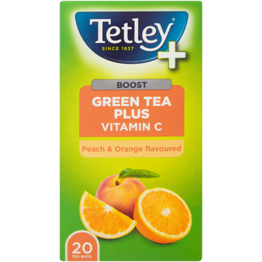 Tetley+ Peach & Orange Flavoured Green Tea Teabags 20 Pack