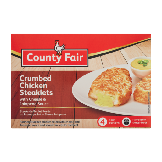 County Fair Frozen Crumbed Chicken Steaklets with Cheese & Jalapeño Sauce 360g