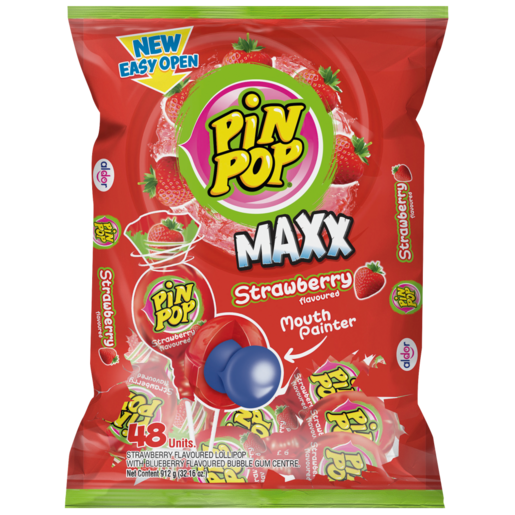 Pin Pop Maxx Strawberry Flavoured Lollipops 48 Pack