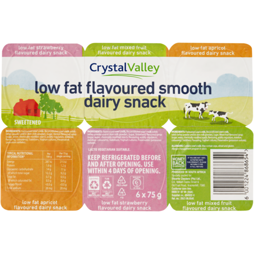 Crystal Valley Assorted Smooth Low Fat Flavoured Dairy Snack 6 x 75g