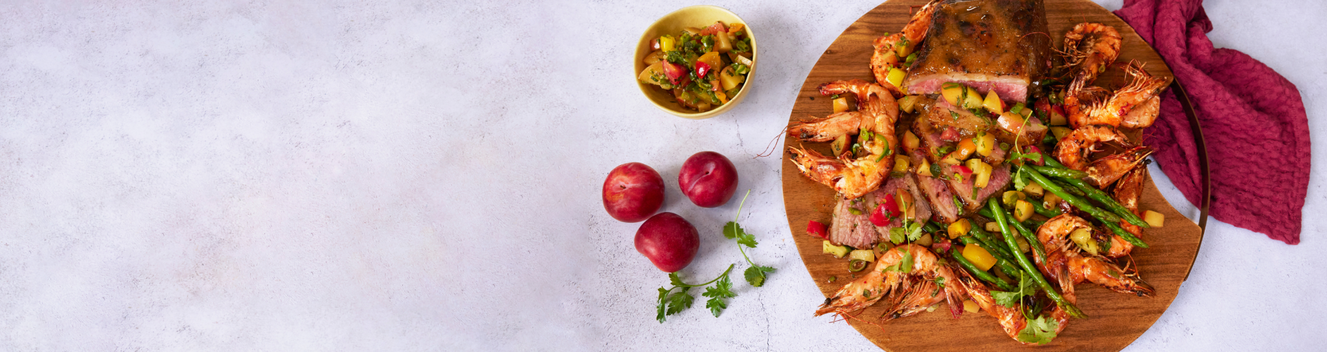 Ribcanha and Prawns with Plum and Herb Salsa by Zola Nene