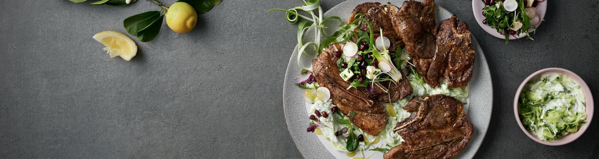 Sweet and Spicy BBQ Lamb Chops with Tzatziki and a Fresh Herb & Pomegranate Salad